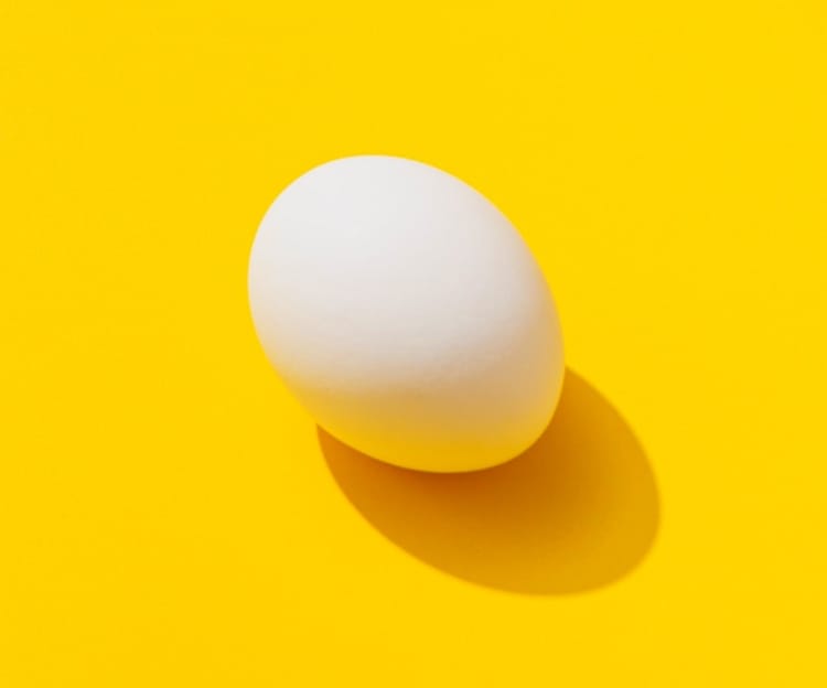 A white egg casting a long shadow on a yellow background